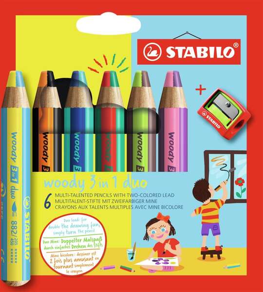 Stabilo Woody 3 en 1 Duo Pack de 6 Lapices de Colores + Sacapuntas - Mina 2 Colores XXL 10mm - Lapiz de Color, Cera Acuarela, Todo en Uno - Colores Surtidos