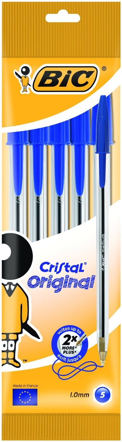 Bic Cristal Original Pack de 5 Boligrafos de Bola - Punta Redonda de 1.0mm - Trazo 0.4mm - Tinta con Base de Aceite - Color Azul
