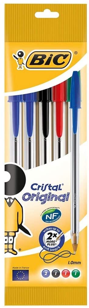Bic Cristal Original Pack de 5 Boligrafos de Bola - Punta Redonda de 1.0mm - Trazo 0.4mm - Tinta con Base de Aceite - Colores Surtidos