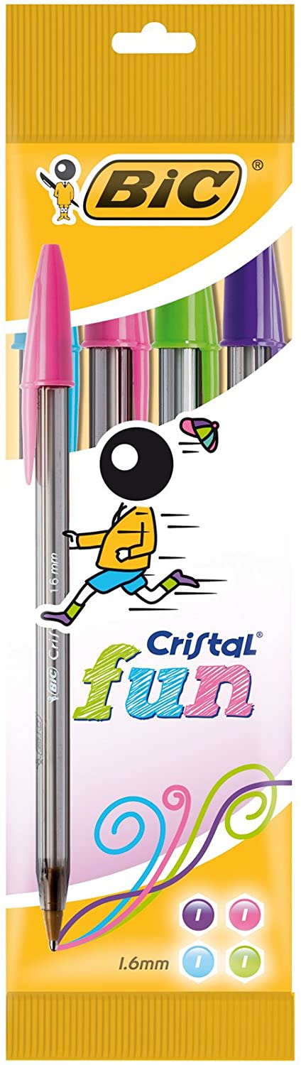 Bic Cristal Fun Pack de 4 Boligrafos de Bola - Punta Redonda de 1.6mm - Trazo 0.42mm - Tinta con Base de Aceite - Colores Surtidos