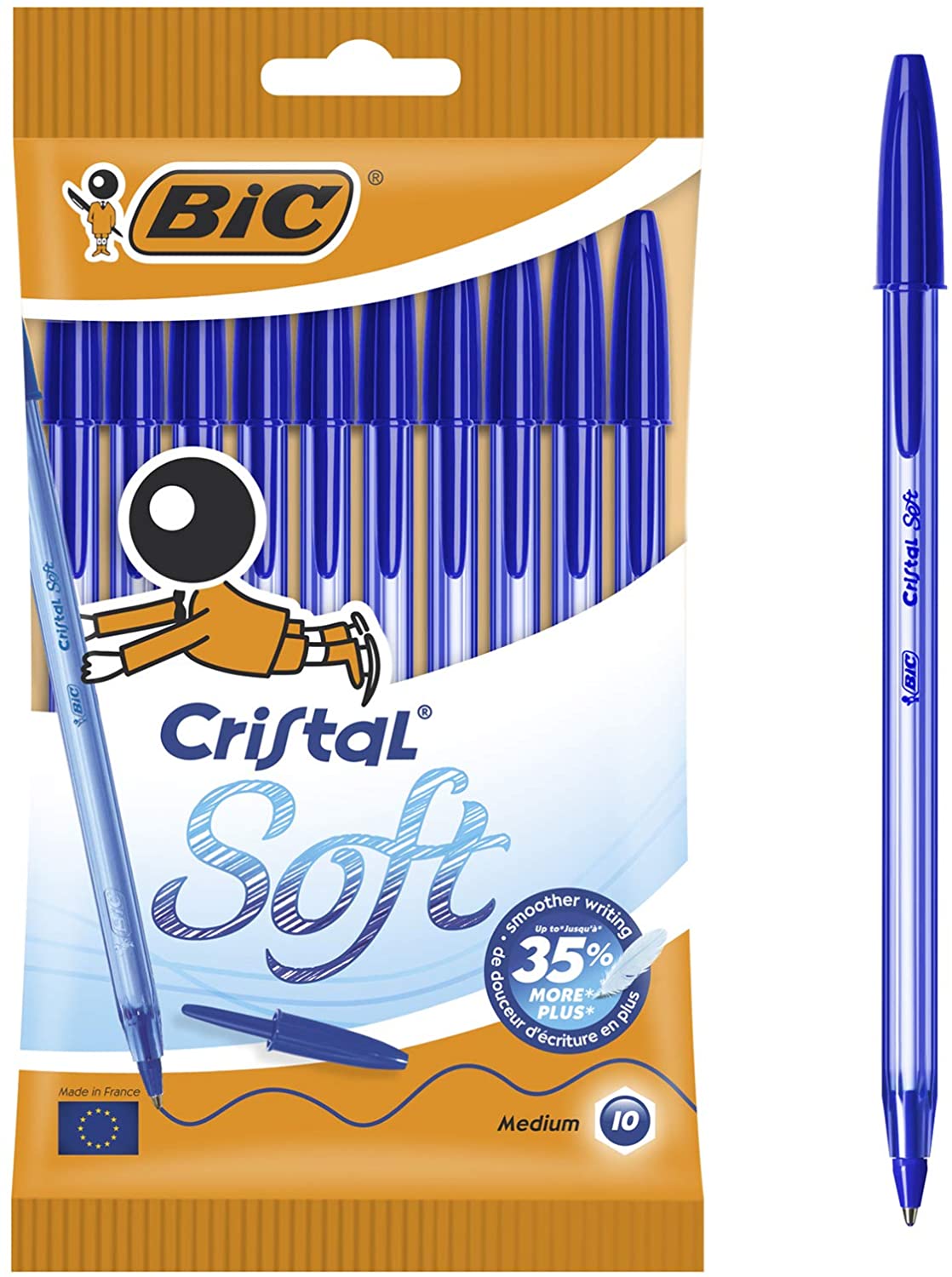 Bic Cristal Soft Pack de 10 Boligrafos de Bola - Punta Media de 1.2mm - Trazo 0.35mm - Escritura mas Fluida - Color Azul