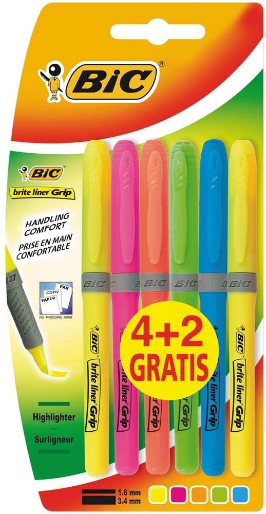 Bic Brit Liner Grip 4+2 Pack de 6 Marcadores Fluorescentes - Tinta con Base de Agua - Punta Biselada - Trazo entre 1.60 y 3.30mm - Colores Surtidos Bic Brit Liner Grip 4+2 Pack de 6 Marcadores Fluorescentes - Tinta con Base de Agua - Punta Biselada - Trazo entre 1.60 y 3.30mm - Colores Surtidos