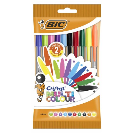 Bic Cristal Multicolour Pack de 10 Boligrafos de Bola - Punta Redonda de 1.6mm - Trazo 0.42mm - Tinta con Base de Aceite - Colores Surtidos