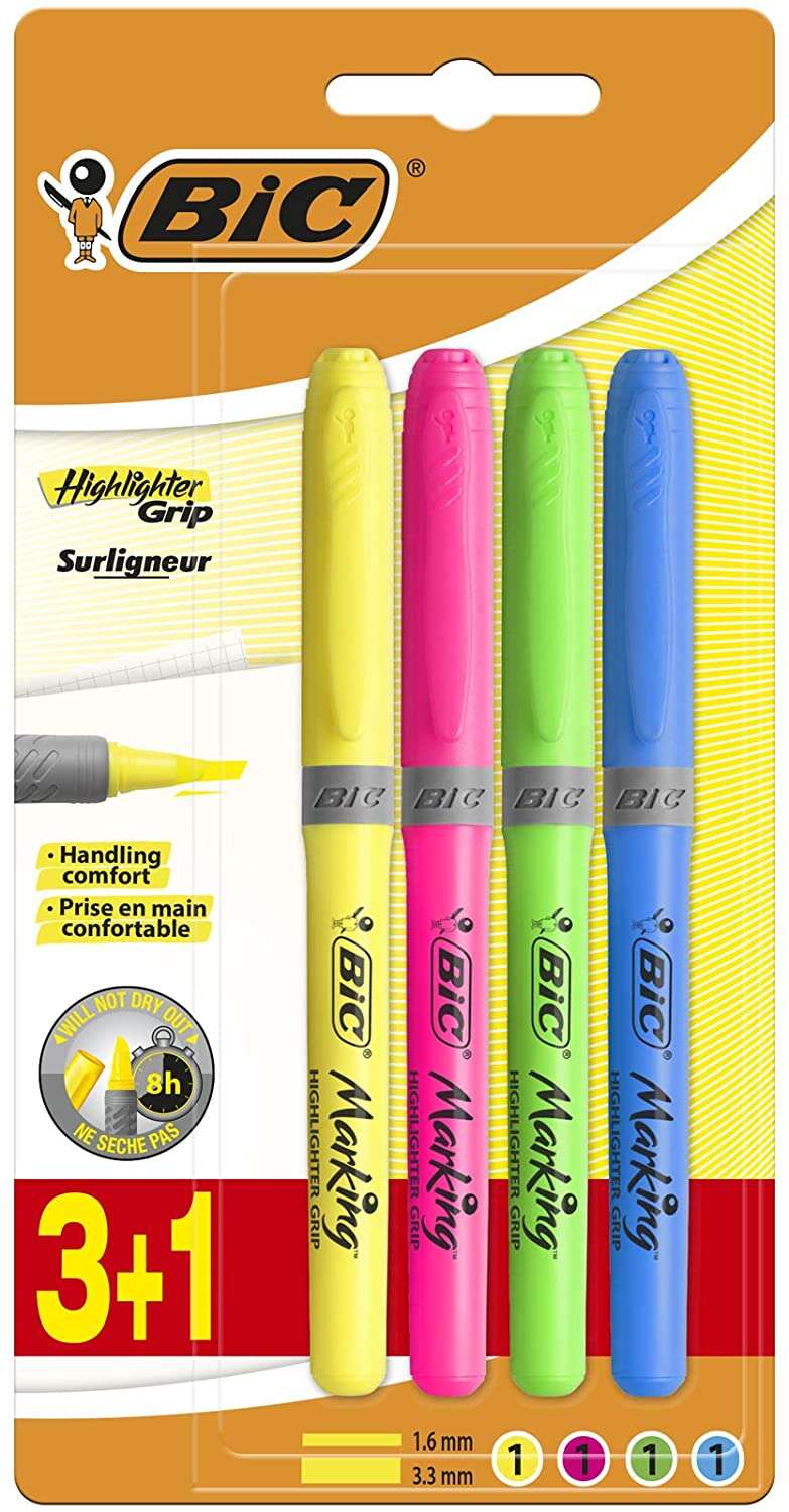 Bic Highlighter Grip Pack de 4 Marcadores Fluorescentes - Tinta con Base de Agua - Punta Biselada - Trazo entre 1.60 y 3.30mm - Colores Surtidos Bic Highlighter Grip Pack de 4 Marcadores Fluorescentes - Tinta con Base de Agua - Punta Biselada - Trazo entre 1.60 y 3.30mm - Colores Surtidos