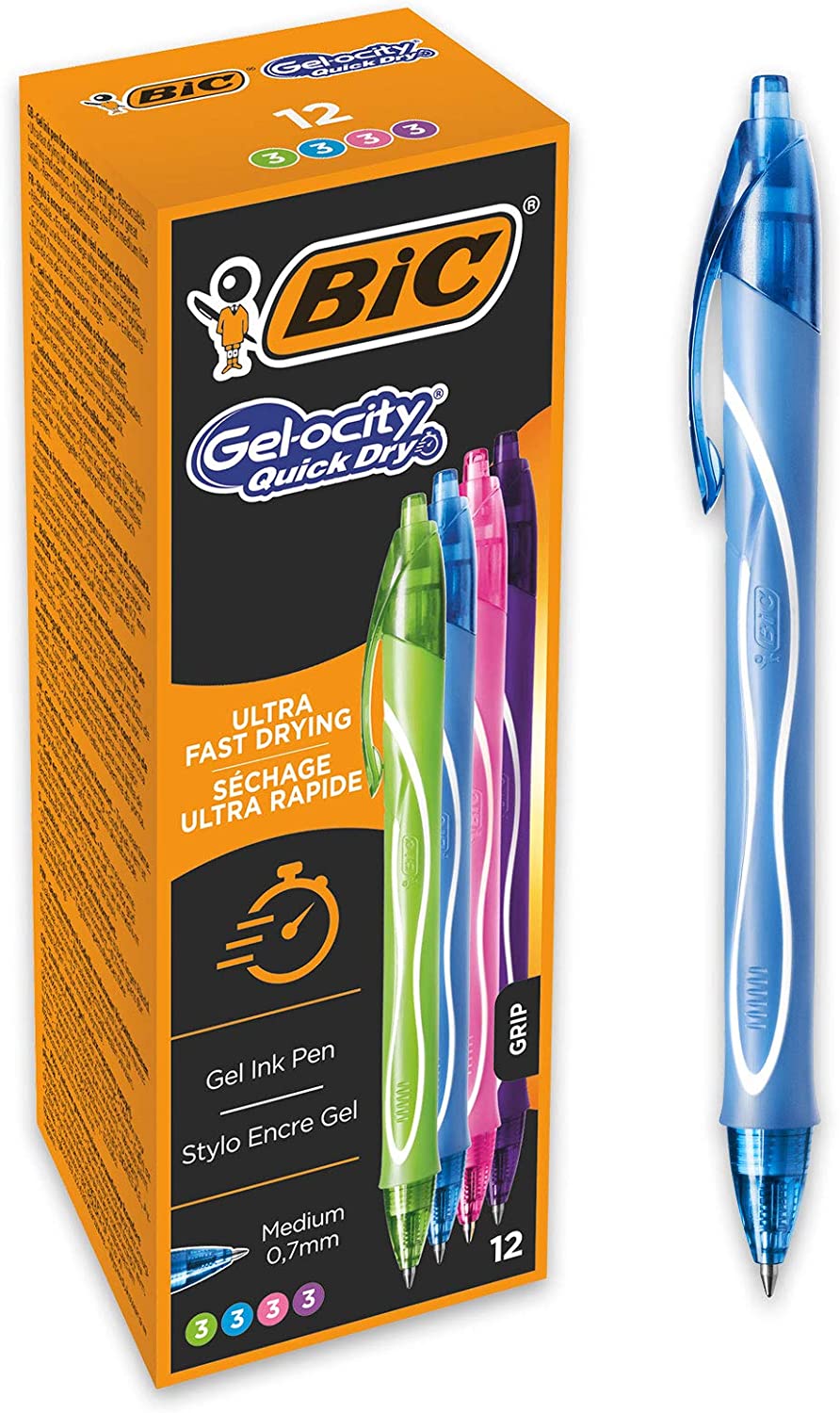 Bic Gel-Ocity Quick Dry Pack de 12 Boligrafos de Gel Retractil - Punta Media de 0.7 mm - Tinta de Gel - Anti-Manchas - Secado Ultra Rapido - Colores Surtidos