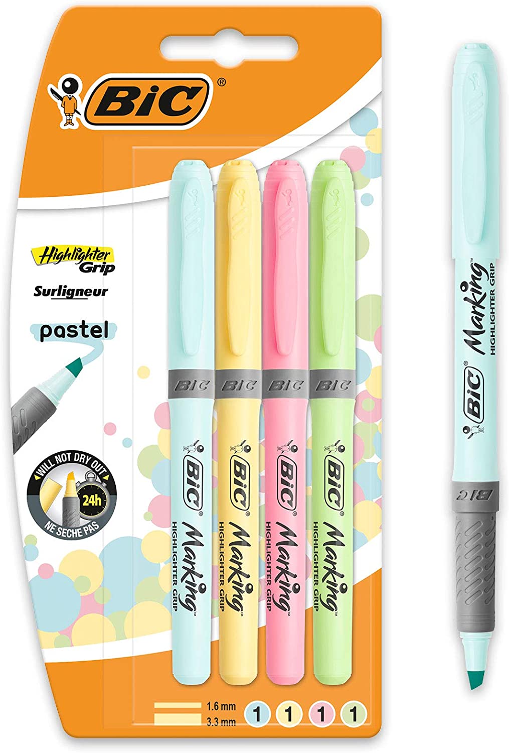 Bic Highlighter Grip Pack de 4 Marcadores Fluorescentes Pastel - Tinta con Base de Agua - Punta Biselada - Trazo entre 1.60 y 3.30mm - Colores Surtidos