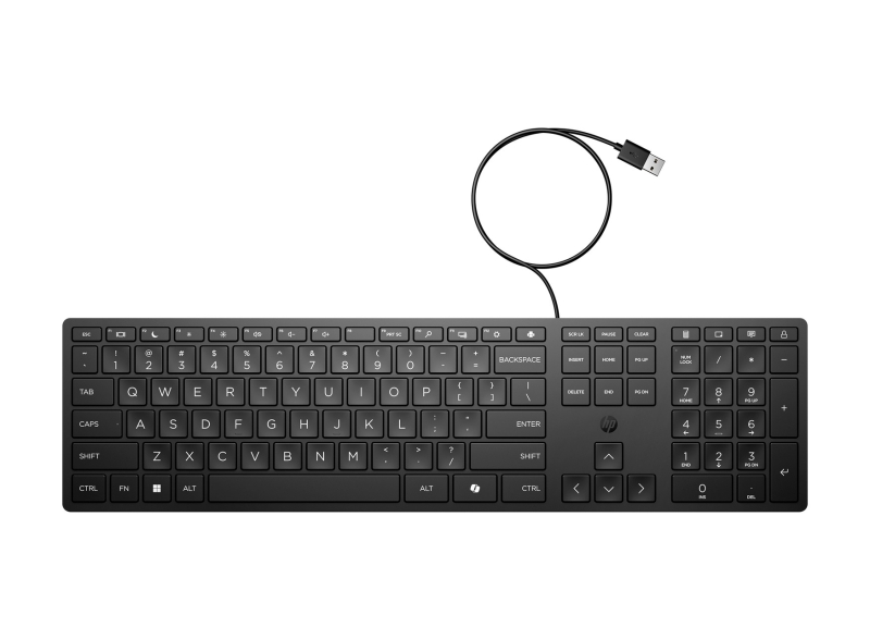 HP 320K Teclado USB - Teclas Silenciosas de Bajo Perfil 2.0 mm - Tecla Copilot IA - LED de Bloq Mayus/Bloq Num - Inclinacion Ajustable 0?6° - Fabricado con 75% Plastico Reciclado - Color Negro