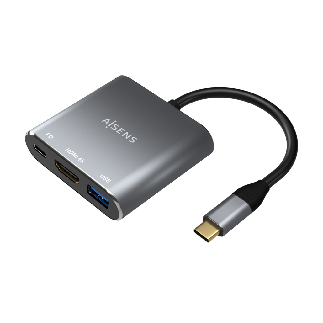 Aisens Conversor USB-C a HDMI/USB-C/Tipo A USB 3.0, 3 en 1 - 15cm - Color Gris