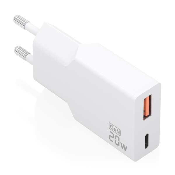 Aisens Cargador de Pared - 20W - GaN - 1xUSB-C - 1xUSB-A - Power Delivery 3.0 - Ultra Delgado - Multiples Protecciones de Seguridad - Color Blanco