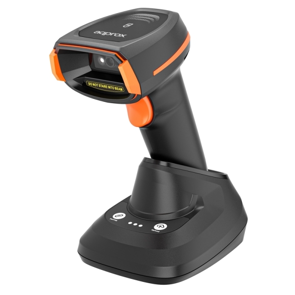 Approx Lector de Codigos de Barras 1D/2D Inalambrico con Base de Carga - Indicador LED, Beeper y Vibracion - Velocidad de Escaneo 60fps - Disparo Manual o Automatico - Autonomia hasta 12h - Color Negro/Naranja