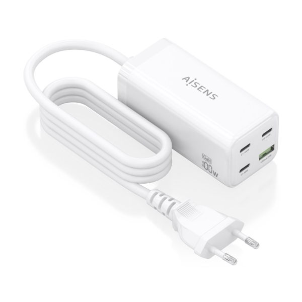 Aisens Cargador GAN 100W - 3xUSB-C PD3.0, QC4.0, QC5.0 - 1xUSB-A QC3.0 - Cable 1.4 Metros - Color Blanco