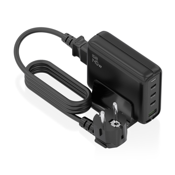 Aisens Cargador GAN 140W - 3xUSB-C PD3.0, QC4.0, QC5.0 - 1xUSB-A QC3.0 - Cable 1.4 Metros - Color Negro