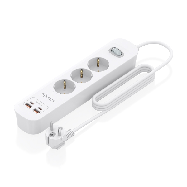 Aisens Regleta con 3 Tomas Schuko - 2xUSB-C - 2xUSB-A - Cable de 1.4m - Interruptor con Indicador LED - Power Delivery 3.0 - Qualcomm 3.0 - Color Blanco Aisens Regleta con 3 Tomas Schuko - 2xUSB-C - 2xUSB-A - Cable de 1.4m - Interruptor con Indicador LED - Power Delivery 3.0 - Qualcomm 3.0 - Color Blanco