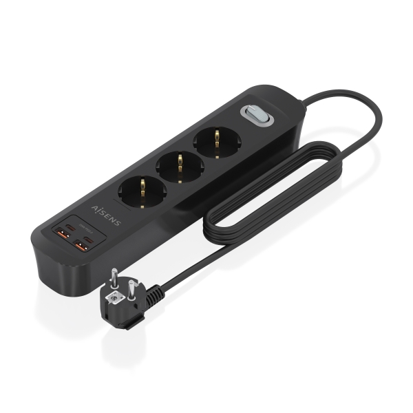 Aisens Regleta con 3 Tomas Schuko - 2xUSB-C - 2xUSB-A - Cable de 1.4m - Interruptor con Indicador LED - Power Delivery - Qualcomm 3.0 - Color Negro Aisens Regleta con 3 Tomas Schuko - 2xUSB-C - 2xUSB-A - Cable de 1.4m - Interruptor con Indicador LED - Power Delivery - Qualcomm 3.0 - Color Negro