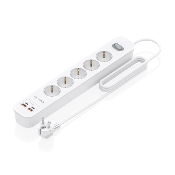 Aisens Regleta con 5 Tomas Schuko - 2xUSB-C - 2xUSB-A - Cable de 1.4m - Interruptor con Indicador LED - Power Delivery - Qualcomm 3.0 - Color Blanco Aisens Regleta con 5 Tomas Schuko - 2xUSB-C - 2xUSB-A - Cable de 1.4m - Interruptor con Indicador LED - Power Delivery - Qualcomm 3.0 - Color Blanco