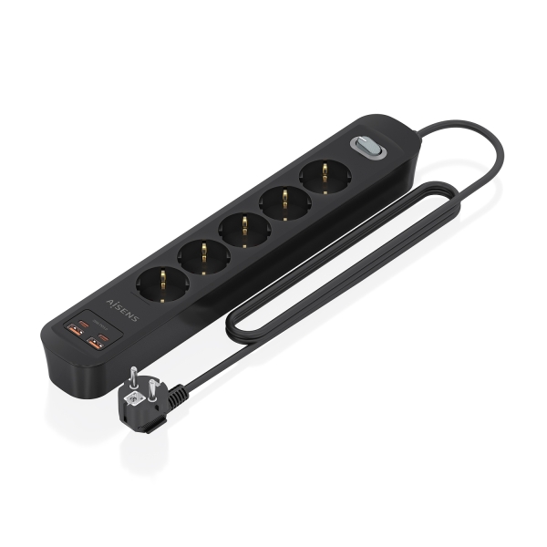 Aisens Regleta con 5 Tomas Schuko - 2xUSB-C - 2xUSB-A - Cable de 1.4m - Interruptor con Indicador LED - Power Delivery - Qualcomm 3.0 - Color Negro Aisens Regleta con 5 Tomas Schuko - 2xUSB-C - 2xUSB-A - Cable de 1.4m - Interruptor con Indicador LED - Power Delivery - Qualcomm 3.0 - Color Negro