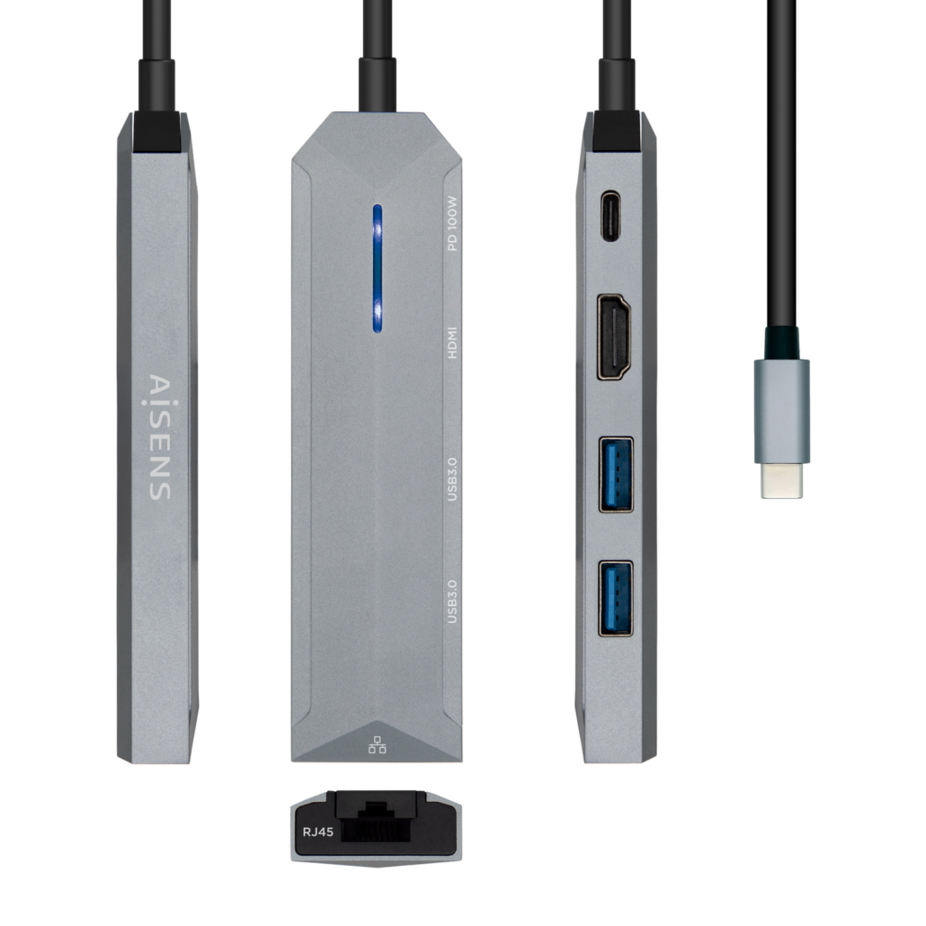 Aisens USB-C Dock 5 en 1 - USB-C a 1xHDMI - 1xRJ45 - 2xUSB - 1xPD - 15cm - Color Gris