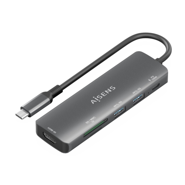 Aisens USB-C Dock 6 en 1 - USB-C a 1xHDMI - 2xUSB-A - 1xUSB-C PD 100W - 1xSD - 1xMicroSD - 15cm - Color Gris Aisens USB-C Dock 6 en 1 - USB-C a 1xHDMI - 2xUSB-A - 1xUSB-C PD 100W - 1xSD - 1xMicroSD - 15cm - Color Gris