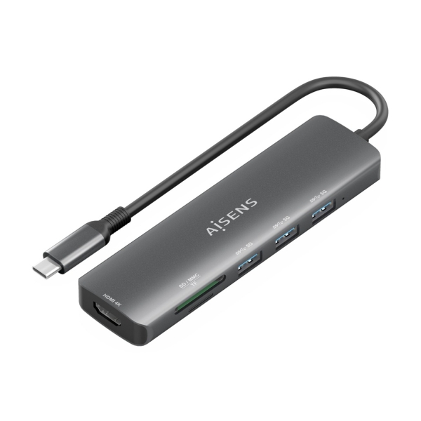 Aisens USB-C Dock 6 en 1 - USB-C a 1xHDMI - 3xUSB-A - 1xSD - 1xMicroSD - 15cm - Color Gris