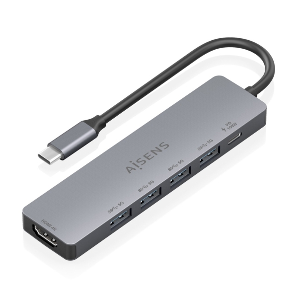 Aisens USB-C Dock 6 en 1 - USB-C a 1xHDMI - 4xUSB-A - 1xUSB-C PD 100W - 15cm - Color Gris Aisens USB-C Dock 6 en 1 - USB-C a 1xHDMI - 4xUSB-A - 1xUSB-C PD 100W - 15cm - Color Gris