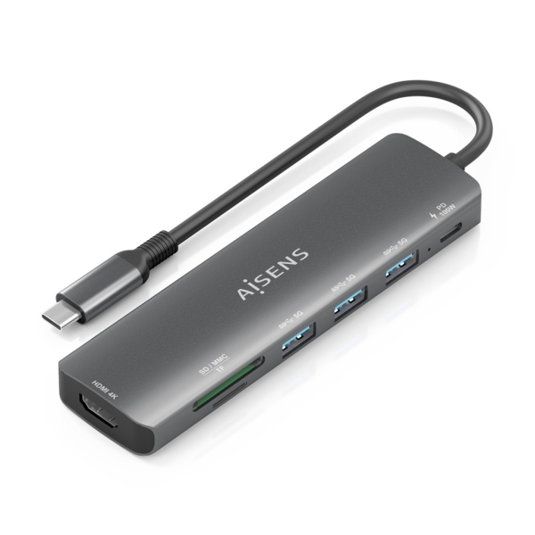 Aisens USB-C Dock 7 en 1 - USB-C a 1xHDMI - 3xUSB-A - 1xUSB-C 100W - 1xSD - 1xMicroSD - 15cm - Color Gris Aisens USB-C Dock 7 en 1 - USB-C a 1xHDMI - 3xUSB-A - 1xUSB-C 100W - 1xSD - 1xMicroSD - 15cm - Color Gris