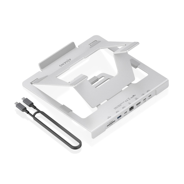 Aisens ASUC-7P045-GR Soporte para Portatil hasta 16\" - Regulable en Altura - Antideslizante - Plegable - USB-C Docking 7 en 1 - Color Gris