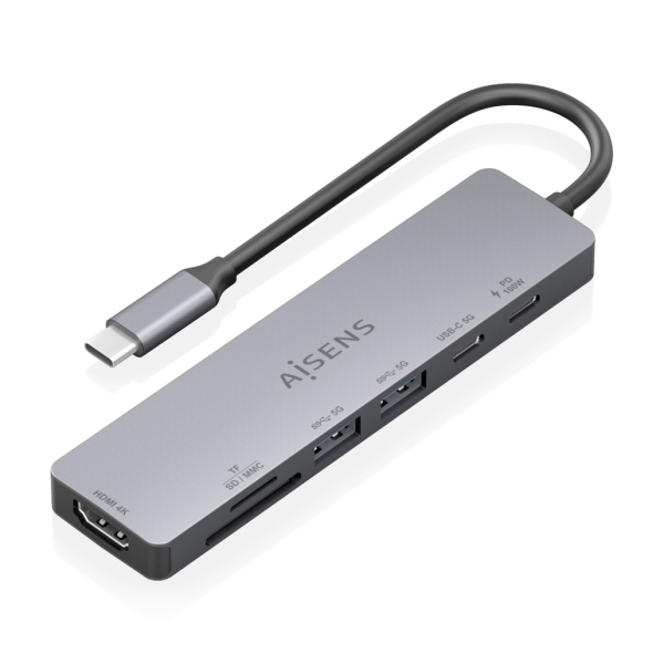 Aisens USB-C Dock 7 en 1 - USB-C a 1xHDMI - 2xUSB-A - 1xUSB-C - 1xUSB-C PD 100W - 1xSD - 1xMicroSD - 15cm - Color Gris Aisens USB-C Dock 7 en 1 - USB-C a 1xHDMI - 2xUSB-A - 1xUSB-C - 1xUSB-C PD 100W - 1xSD - 1xMicroSD - 15cm - Color Gris