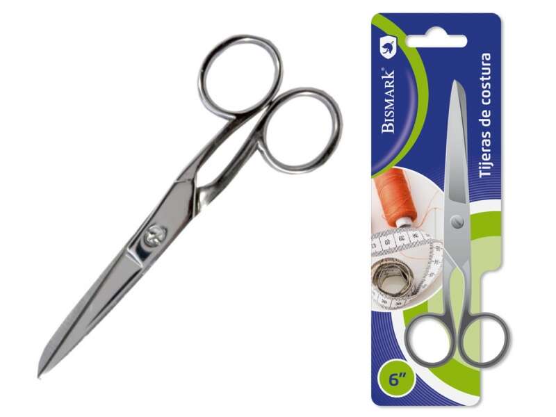 Bismark Tijera de Costura Acero Inoxidable 15.2cm - Fijacion por Tornillo - Presion Constante Entre Hojas - Presentacion en Blister - Color Plata