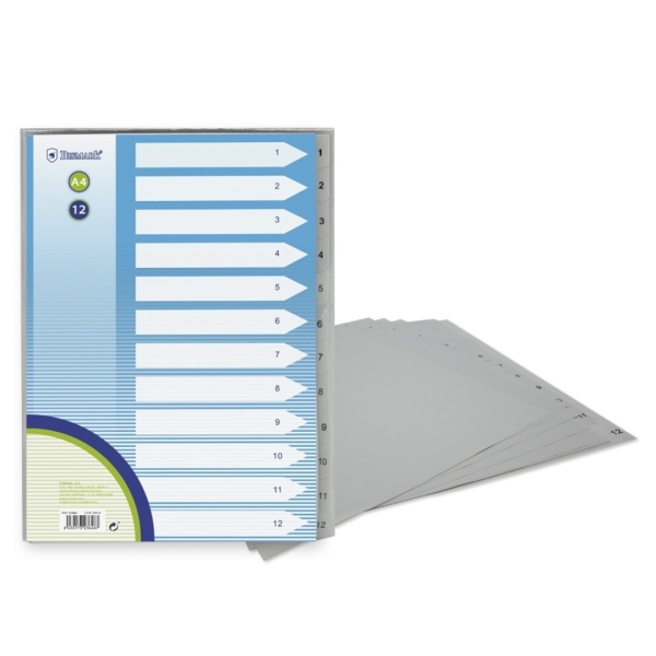 Bismark Indice Numerico con Pestañas del 1 al 12 - Multitaladro - Formato A4 - Fabricados en Polipropileno - Color Gris