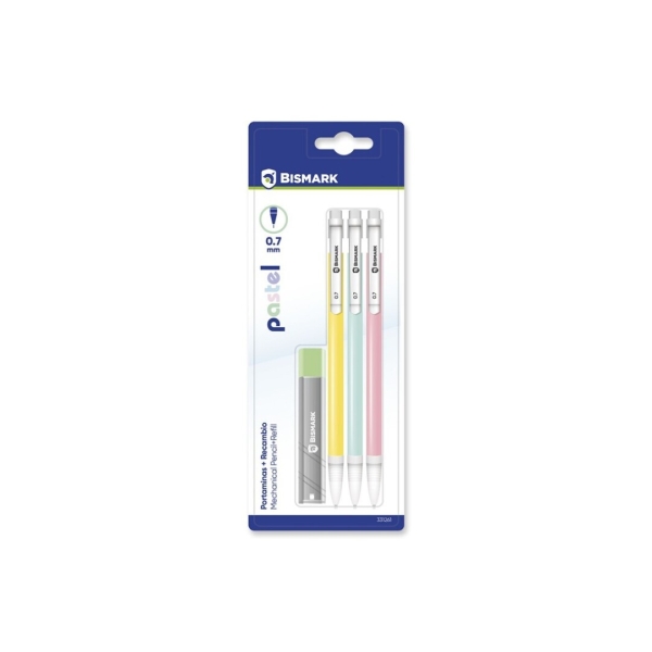 Bismark Pack con 3 Portaminas 0.7mm HB + 1 Cajita de Minas - Punta Retractil - Cuerpos de Colores Pastel Surtidos Bismark Pack con 3 Portaminas 0.7mm HB + 1 Cajita de Minas - Punta Retractil - Cuerpos de Colores Pastel Surtidos