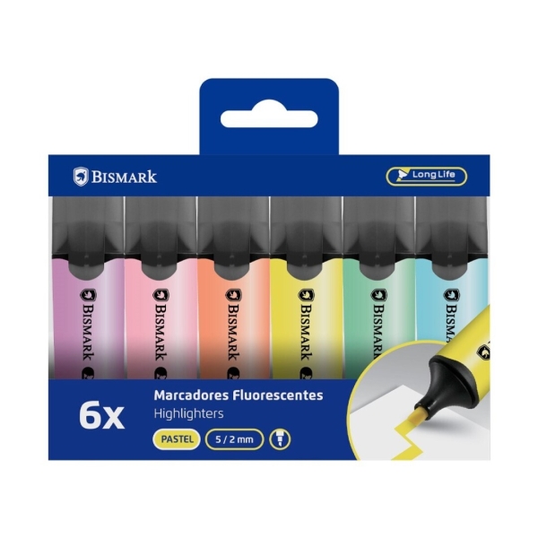 Bismark Pack de 6 Marcadores Fluorescentes - Punta Biselada 2 - 5mm Aprox - Tinta Base de Agua - Larga Duracion - Colores Pastel Surtidos Bismark Pack de 6 Marcadores Fluorescentes - Punta Biselada 2 - 5mm Aprox - Tinta Base de Agua - Larga Duracion - Colores Pastel Surtidos