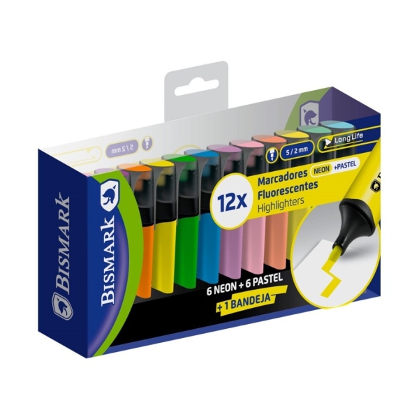 Bismark Pack de 12 Marcadores Fluorescentes - Punta Biselada 2 - 5mm Aprox - Tinta Base de Agua - Larga Duracion - Colores Neon y Pastel Surtidos Bismark Pack de 12 Marcadores Fluorescentes - Punta Biselada 2 - 5mm Aprox - Tinta Base de Agua - Larga Duracion - Colores Neon y Pastel Surtidos