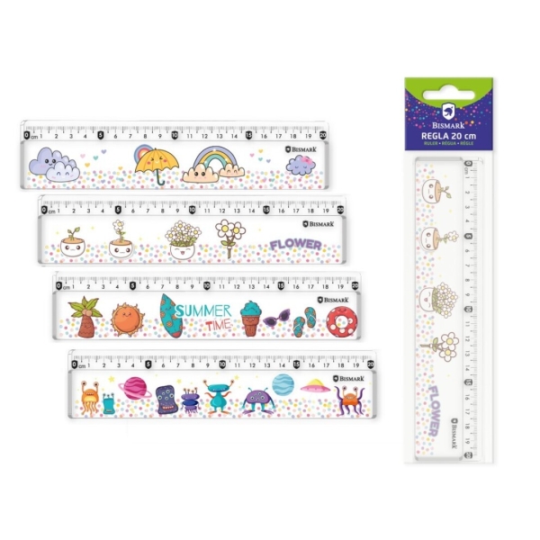 Bismark Regla 20cm con Bolitas de Colores en su Interior - Fabricada en Plastico - Ideal para Colegio - 4 Diseños Diferentes