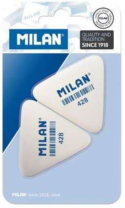 Milan 428 Pack de 2 Gomas de Borrar Triangulares - Miga de Pan - Suave Caucho Sintetico - Color Blanco