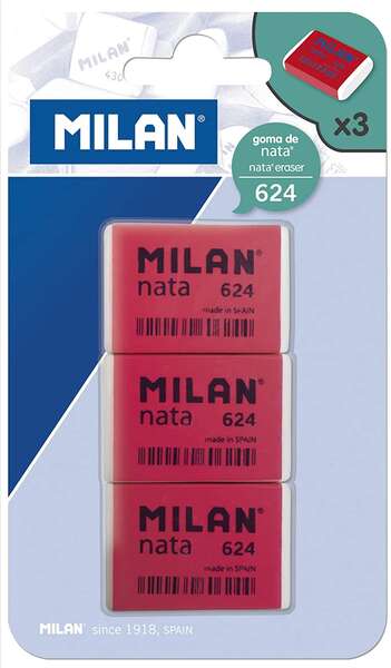 Milan Nata 624 Pack de 3 Gomas de Borrar Rectangulares - Plastico - Suave - No Abrasiva - Color Rojo/Blanco