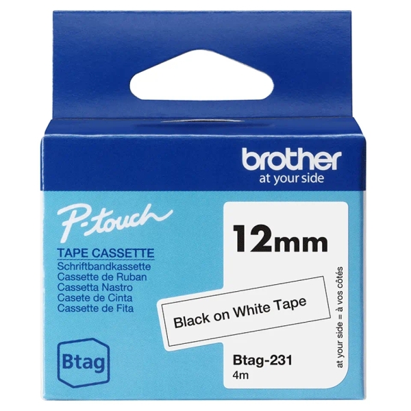 Brother Btag-231 Cinta 12mm - Texto Negro sobre Fondo Blanco - Medidas 12mmx4 Metros - Apta para PTN10, PTN20, PTN25BT Brother Btag-231 Cinta 12mm - Texto Negro sobre Fondo Blanco - Medidas 12mmx4 Metros - Apta para PTN10, PTN20, PTN25BT