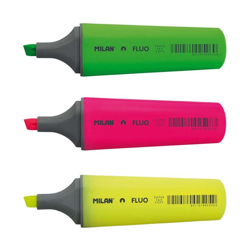 Milan Pack de 3 Rotuladores Marcadores Fluorescentes - Punta Biselada 1 - 4.8mm - Colores Surtidos Milan Pack de 3 Rotuladores Marcadores Fluorescentes - Punta Biselada 1 - 4.8mm - Colores Surtidos
