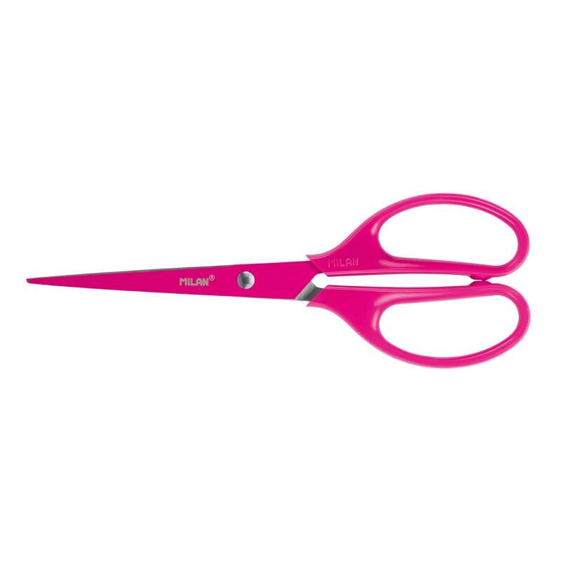 Milan Tijeras Oficina Acid con Cuchilla de Acero Inoxidable - Mango de Plastico Simetrico - Longitud 17cm - Color Rosa