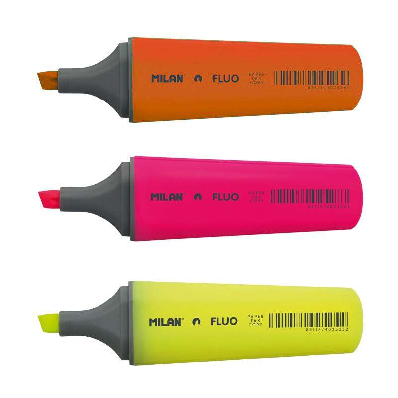 Milan Pack de 3 Rotuladores Marcadores Fluorescentes - Punta Biselada 1 - 4.8mm - Colores Surtidos Milan Pack de 3 Rotuladores Marcadores Fluorescentes - Punta Biselada 1 - 4.8mm - Colores Surtidos