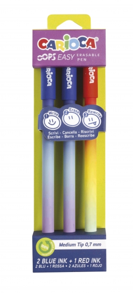 Carioca Oops Easy Pack de 3 Boligrafos Borrables con Punta de Ø 0.7mm - Tinta Termo Sensible - Cuerpo con Efecto Degradado - Doble Goma - Colores Surtidos