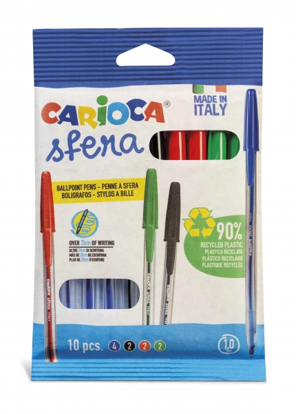 Carioca Sfera Flowpack Pack de 10 Boligrafos - Punta Ø 1mm - Capuchon y Retro del Color de la Tinta - Escritura Super Deslizante - Paquete de Papel - Color Varios