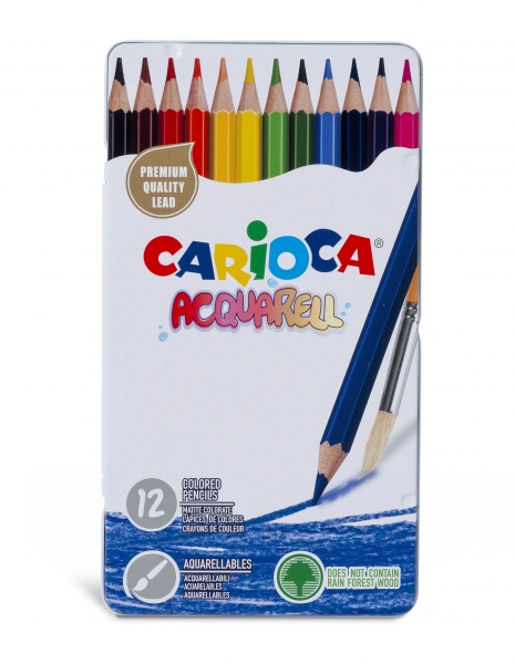 Carioca Acquarell Pack de 12 Lapices Acuarelables - Caja de Metal - Efecto Acuarela con Agua y Pincel - Colores Intensos y Brillantes - Escritura Blanda - Mina de Ø 3.3mm - Color Varios