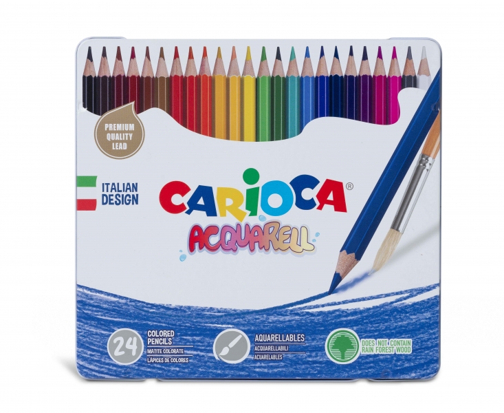 Carioca Acquarell Pack de 24 Lapices Acuarelables - Caja de Metal - Efecto Acuarela con Agua y Pincel - Colores Intensos y Brillantes - Escritura Blanda - Mina de Ø 3.3mm - Color Varios