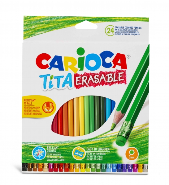 Carioca Tita Pack de 24 Lapices Borrables de Resina - Cuerpo Hexagonal - Colores Brillantes y Lavables - Escritura Blanda - Mina Ø 3mm - Color Varios