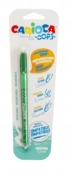 Carioca Oops Blister Boligrafo Borrable - Tinta Termo Sensible - Empuñadura Ergonomica Triangular - Punta de Ø 0.7mm - Doble Goma - Recambios Compatibles - Color Verde