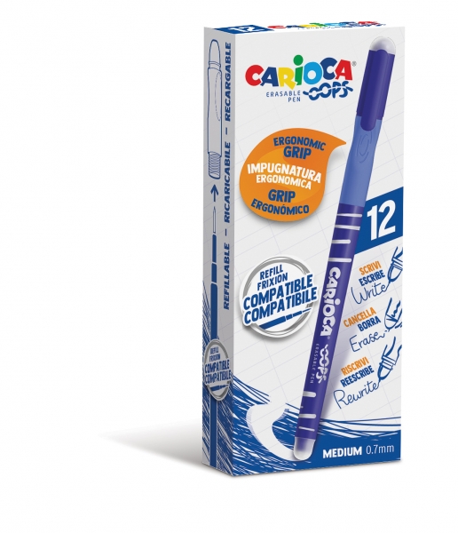 Carioca Oops Boligrafos Borrables - Tinta Termo Sensible - Empuñadura Ergonomica Triangular - Punta Ø 0.7mm - Doble Goma - Recambios Compatibles - Color Azul