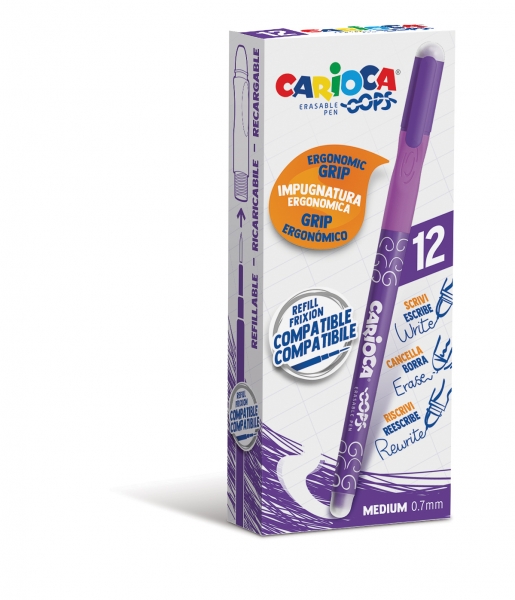 Carioca Oops Boligrafos Borrables - Tinta Termo Sensible - Empuñadura Ergonomica Triangular - Punta de Ø 0.7mm - Doble Goma - Color Morado