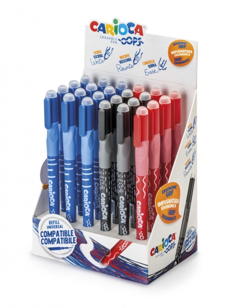 Carioca Oops Expositor de 24 Boligrafos Borrables - Tinta Termo Sensible - Empuñadura Ergonomica Triangular - Punta de Ø 0.7mm - Doble Goma - Recambios Compatibles - Colores Surtidos