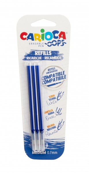 Carioca Oops Pack de 3 Recambios para Boligrafo Borrable - Tinta Termo Sensible - Punta de 0.7mm - Color Azul