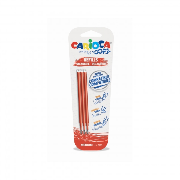 Carioca Oops Pack de 3 Recambios para Boligrafo Borrable - Tinta Termo Sensible - Punta de 0.7mm - Compatibles con Boligrafo Oops - Color Rojo